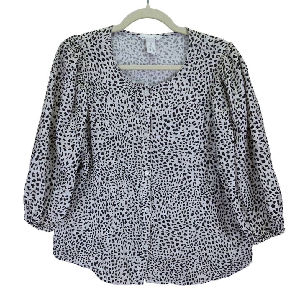 H&M Linen Blend Womens Blouse Large Animal Print 3/4 Sleeve Button Down Bohemian